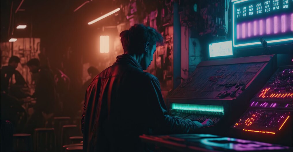 Retro Futurism: Synthwave Musician in Underground Club. Generati Retro Futurism: Synthwave Musician in Underground Club. Generati